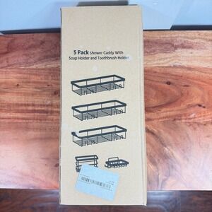 5 Pack Shower Caddy Set with Soap and Toothbrush Holder Black Adhesive Shelves